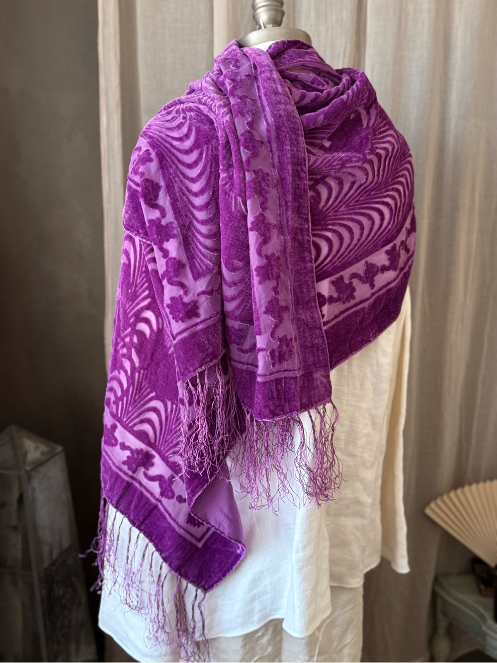 Vintage Purple 100% silk floral velvet burnout motif scarf fringe tassel trim